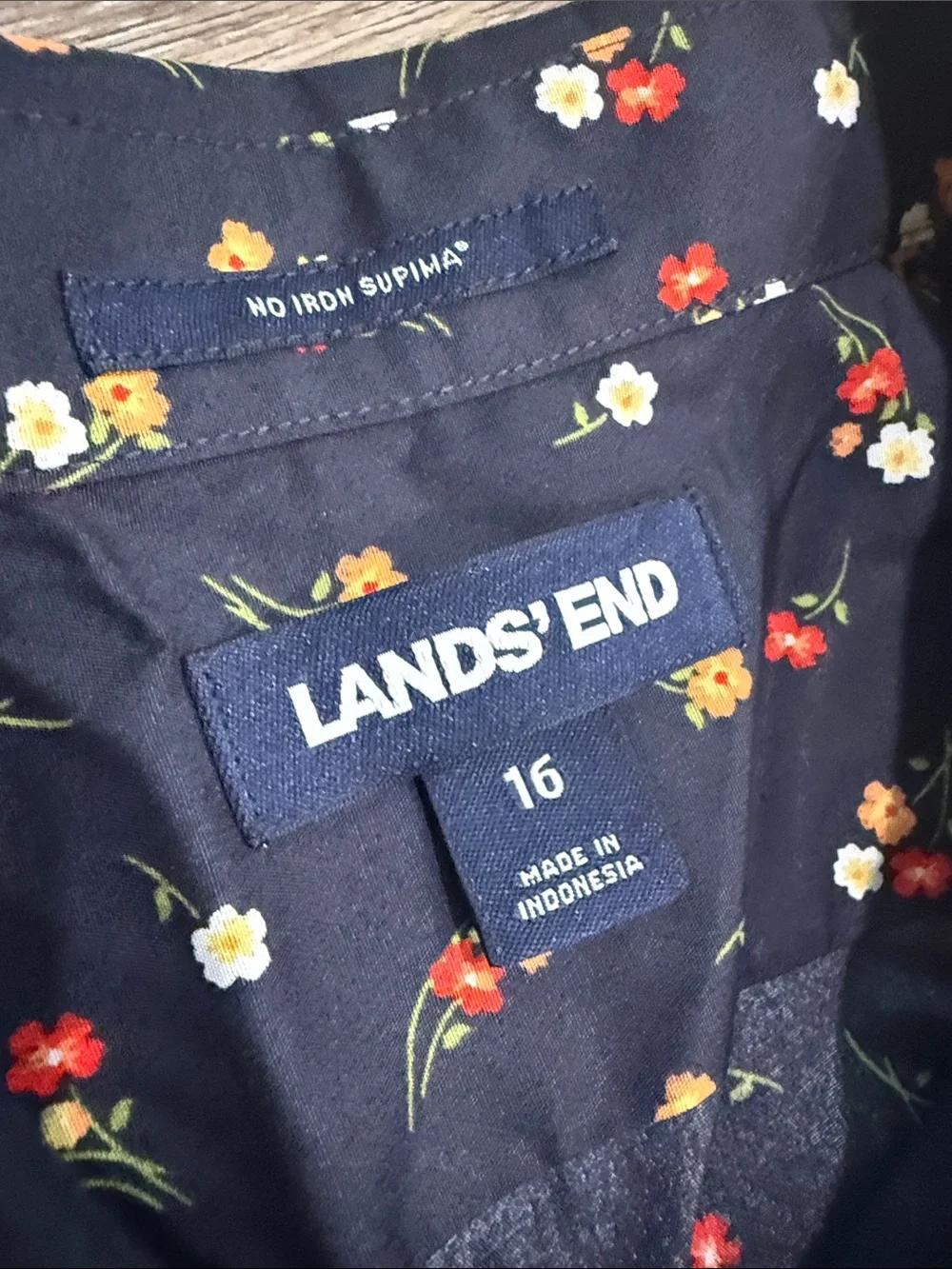 NWOT Lands' End Black Button-Down Shirt with Red and Yellow Floral Sprig Print